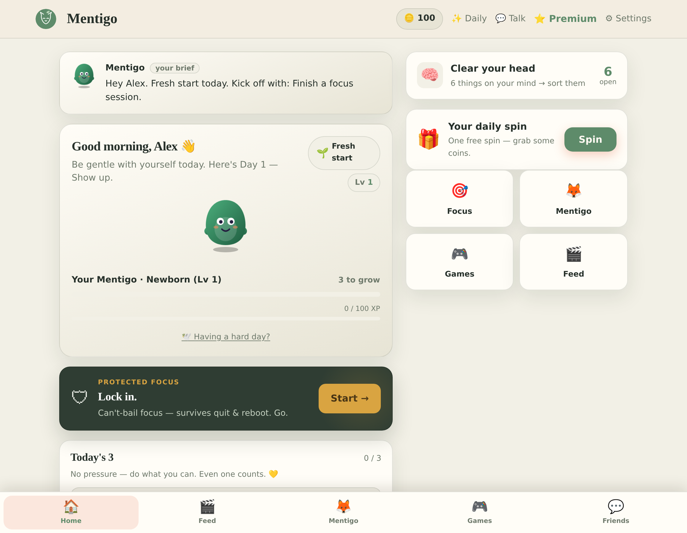 The Mentigo home screen with a daily plan, a Lock in card, a pet that grows, and a streak.
