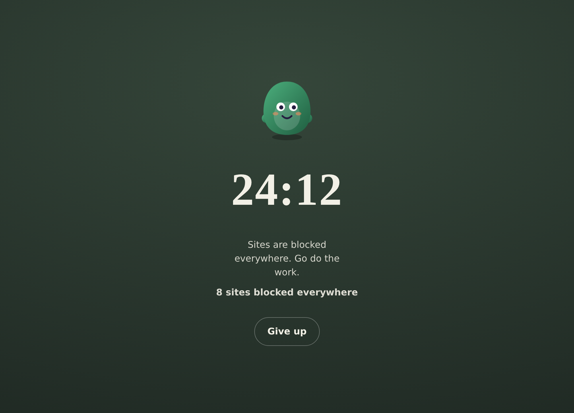 A Mentigo focus session in progress, showing a 24 minute timer and a note that 8 sites are blocked everywhere.