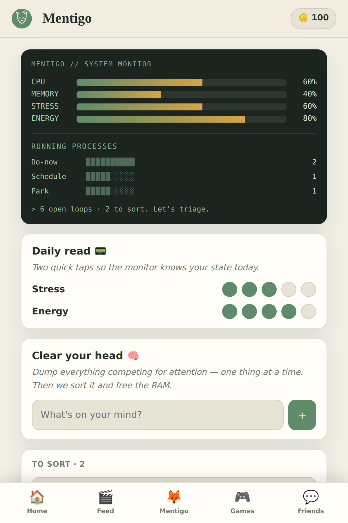 The Mentigo System Monitor showing CPU, memory, stress and energy readouts and a list of running tasks.